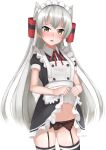  1girl alternate_costume amatsukaze_(kancolle) apron bangs black_dress blush clothes_lift commentary_request dress dress_lift enmaided female_pubic_hair garter_belt hair_tubes highres kantai_collection long_hair looking_at_viewer maid maid_apron maid_headdress navel neck_ribbon nose_blush pubic_hair puffy_short_sleeves puffy_sleeves red_neckwear red_ribbon ribbon short_sleeves silver_hair skindentation solo thighhighs thighs tiemu_(man190) two_side_up very_long_hair windsock yellow_eyes 