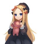  1girl abigail_williams_(fate) bangs black_bow black_dress black_headwear blonde_hair blue_eyes blush bow breasts commentary dress fate/grand_order fate_(series) forehead hair_bow hat holding holding_stuffed_toy long_hair long_sleeves looking_at_viewer miya_(miyaruta) multiple_bows orange_bow parted_bangs polka_dot polka_dot_bow ribbed_dress simple_background sleeves_past_wrists small_breasts stuffed_animal stuffed_toy symbol-only_commentary teddy_bear very_long_hair white_background 
