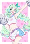  1girl aikatsu!_(series) aikatsu_planet! armpits bow braid cheerleader gradient_hair green_eyes green_hair hair_bow heart highres kumahubuki long_hair looking_at_viewer multicolored_eyes multicolored_hair navel open_mouth pink_hair pom_pom_(cheerleading) q-pit shirt skirt smile solo twin_braids white_shirt white_skirt 