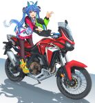  1girl @_@ absurdres ahoge animal_ears ankle_boots black_legwear blue_eyes blue_hair blue_ribbon boots coat commentary_request ear_covers eyebrows_visible_through_hair ground_vehicle hair_ribbon heterochromia highres honda honda_crf1100l horse_ears horse_girl horse_tail logo long_hair long_sleeves looking_at_viewer messy_hair mikeran_(mikelan) motor_vehicle motorcycle multicolored_coat on_motorcycle open_mouth pantyhose partial_commentary purple_eyes ribbon shadow sharp_teeth sidelocks smile solo standing stuffed_animal stuffed_bunny stuffed_toy tail teeth twin_turbo_(umamusume) twintails umamusume v v-shaped_eyebrows white_background yellow_footwear 