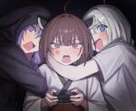  3girls @_@ absurdres ahoge alternate_costume anger_vein angry arm_around_neck black_background black_hoodie blue_eyes blush brown_hair commentary_request controller game_controller hair_intakes hands_up headgear highres holding holding_controller holding_game_controller hood hood_up hoodie hug japanese_clothes kimono kizuna_akari long_hair looking_at_viewer medium_hair multiple_girls nervous_smile obi open_mouth playing_games purple_eyes purple_hair red_eyes sash scared shirt short_sleeves sidelocks smile straight-on sweat t-shirt tearing_up textless_version touhoku_kiritan upper_body v-shaped_eyebrows vang_09 vocaloid voiceroid white_hair white_kimono white_shirt yuzuki_yukari 