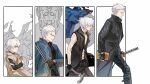  5boys aged_down aged_up arm_tattoo bare_shoulders black_coat black_gloves blue_coat blue_eyes bracelet cane closed_mouth coat devil_may_cry_(series) devil_may_cry_4 devil_may_cry_5 fingerless_gloves full-body_tattoo gloves hair_slicked_back hand_tattoo highres holding holding_cane holding_sword holding_weapon jewelry katana lucistomato male_focus multiple_boys necklace nelo_angelo sleeveless sleeveless_coat sword tattoo v_(devil_may_cry) vergil_(devil_may_cry) weapon white_hair yamato_(sword) 