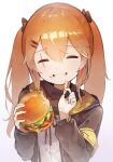  1girl ^_^ armband bangs black_bow black_jacket black_ribbon bow brown_hair burger closed_eyes commentary_request eyebrows_visible_through_hair facing_viewer food food_on_face french_fries girls&#039;_frontline gradient gradient_background grin hair_between_eyes hair_bow hair_ornament hairclip holding holding_food hood hood_down hooded_jacket jacket long_hair long_sleeves neck_ribbon open_clothes open_jacket purple_background ribbon scar scar_across_eye shirt smile solo suginakara_(user_ehfp8355) twintails ump9_(girls&#039;_frontline) upper_body white_background white_shirt 