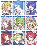  1girl 6+boys animal_hat aqua_background aqua_eyes arm_up bandage_over_one_eye bandaid bandaid_on_face bandaid_on_nose bell bird bird_on_hand black_eyes black_headphones black_hood black_hoodie black_sailor_collar black_sleeves black_veil blonde_hair blue_background blue_eyes blue_hair blue_hoodie blue_necktie blue_sailor_collar blue_scarf blue_shirt braid bright_pupils brown_hair character_name character_request child choker clenched_hand closed_mouth collarbone collared_shirt creature_and_personification crossed_bandaids earmuffs food french_braid from_side fukase green_background green_hair grey_background grey_hair grey_shirt grin hair_behind_ear hair_bell hair_between_eyes hair_ornament hand_up haru1suama hat headset holding holding_food holding_popsicle hood hood_down hoodie index_finger_raised iori_yuzuru james_(vocaloid) kagamine_len kaito_(vocaloid) light_brown_hair long_hair long_sleeves looking_at_viewer matsudappoiyo messy_hair mini_hat mini_top_hat mismatched_pupils mixed-language_text multicolored_hair multiple_boys musical_note nail_polish namine_ritsu neck_ribbon necktie oliver_(vocaloid) one_eye_closed open_mouth otoko_no_ko pink_ribbon point_(vocaloid) pointing pointing_at_self ponytail popsicle purple_background purple_choker purple_hat red_background red_eyes red_hair red_nails ribbon sailor_collar sailor_hat scarf shirt short_hair short_ponytail short_sleeves single_braid smile spiked_hair suspenders teeth tongue tongue_out top_hat turtleneck two-tone_hair two-tone_hoodie uneven_eyes upper_body upper_teeth_only utau v-shaped_eyebrows veil vocaloid voiceroid voicevox white_hair white_headphones white_pupils white_shirt window_(computing) yellow_background yellow_eyes yellow_trim zundamon 