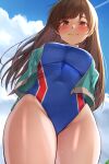  1girl bangs blue_jacket blue_sky blue_swimsuit blush breasts brown_eyes brown_hair commentary covered_navel highleg highleg_swimsuit highres idolmaster idolmaster_cinderella_girls jacket large_breasts long_hair long_sleeves looking_at_viewer nitta_minami one-piece_swimsuit open_clothes open_jacket sky smile solo swimsuit thighs yoshimoto_(carpsukidayo) 