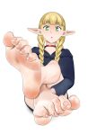 5_toes absurd_res barefoot blonde_hair braided_hair clothing delicious_in_dungeon elf feet female foot_focus green_eyes hair hi_res humanoid humanoid_feet humanoid_pointy_ears light_body light_skin long_hair looking_at_viewer marcille_donato not_furry plantigrade shirow simple_background soles solo toes