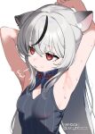  1girl animal_ear_fluff armpits black_dress blue_archive china_dress chinese_clothes cleavage_cutout clothing_cutout commentary_request dress gradient_hair grey_hair hair_between_eyes halo head_tilt highres kokona_(blue_archive) long_hair looking_afar mokyutan multicolored_hair orange_eyes parted_lips sidelocks simple_background sleeveless sleeveless_dress solo streaked_hair stretching sweatdrop two-tone_hair upper_body white_background 