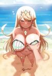  1girl absurdres awesomeerix bangs blonde_hair breast_grab breasts chest_jewel gem grabbing headpiece highres large_breasts long_hair mythra_(radiant_beach)_(xenoblade) mythra_(xenoblade) one-piece_swimsuit ribbed_swimsuit strapless strapless_swimsuit striped striped_swimsuit swept_bangs swimsuit tiara vertical-striped_swimsuit vertical_stripes very_long_hair white_swimsuit xenoblade_chronicles_(series) xenoblade_chronicles_2 yellow_eyes 