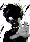  1428_ewe 1boy bowl_cut debris face_in_shadow gakuran glowing glowing_eyes hair_over_one_eye hand_up highres kageyama_shigeo kageyama_shigeo_(???) korean_commentary male_focus mob_psycho_100 motion_blur one_eye_covered parted_lips reaching reaching_towards_viewer school_uniform short_hair solo upper_body 