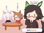  3girls :3 animal_ears bespectacled biwa_hayahide_(umamusume) black_hair black_jacket black_shirt blue_eyes blush_stickers book borrowed_accessory brown_hair chibi closed_mouth collared_shirt glasses gomashio_(goma_feet) grey_hair hair_between_eyes hair_ornament hairclip hand_up hood hood_down hooded_jacket horse_ears horse_girl horse_tail indoors jacket jitome long_hair long_sleeves multiple_girls narita_taishin_(umamusume) necktie open_book parted_bangs red_jacket red_necktie shirt sleeves_past_wrists sparkle standing suit swept_bangs table tail translation_request umamusume very_long_hair white_shirt winning_ticket_(umamusume) |_| 