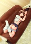  ass brown_hair couch error feet flat_chest hair_ornament hairclip head_mounted_display kurogane_(majesticrune) looking_back lying misaka_imouto nipples on_stomach open_clothes open_shirt panties panty_pull pussy school_uniform shirt short_hair skirt socks solo striped striped_panties to_aru_majutsu_no_index underwear visor 