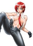  abs bang-you blue_eyes breasts gloves large_breasts lipstick lying makeup mature muscle muscular_female necktie nipples no_bra open_clothes open_fly open_shirt red_hair see-through shiny shiny_skin shirt short_hair snk solo the_king_of_fighters unzipped vanessa_(king_of_fighters) 