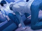  2boys bound_prince chains clothed cuffs death_note handcuffs handjob indoors kneeling l l_(death_note) male_focus multiple_boys penis unzipped yagami_light yaoi 