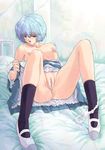  ayanami_rei bed blue_hair breasts highres kiyama_satoshi neon_genesis_evangelion orange_peels panties panties_around_leg panties_around_one_leg pussy pussy_juice short_hair skirt skirt_lift uncensored 