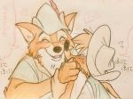  2018 anthro black_nose br&#039;er_fox canine clothed clothing disney fox fur hat hi_res male mammal robin_hood robin_hood_(disney) simple_background song_of_the_south text translation_request uochandayo 