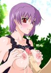  ayane_(doa) blush breast_hold breasts censored cum cum_on_body cum_on_breasts cum_on_upper_body dead_or_alive large_breasts nipples paizuri penis purple_hair red_eyes rudoni shirt_lift short_hair solo_focus sweatdrop 