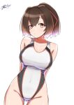  1girl alternate_costume ass_visible_through_thighs ayuman black_swimsuit brown_eyes brown_hair competition_swimsuit covered_navel cowboy_shot hair_ribbon highleg highleg_leotard highres ise_(kancolle) kantai_collection leotard multicolored_clothes multicolored_swimsuit one-piece_swimsuit ponytail red_ribbon ribbon short_hair solo standing swimsuit white_swimsuit 