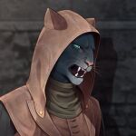 absurd_res angry anthro bethesda_softworks black_body black_fur blue_eyes clothed clothing felid feline female fur hi_res hood jacket khajiit khamira leather leather_clothing leather_jacket leather_topwear mammal microsoft multicolored_body multicolored_fur open_mouth sandstell8 sharp_teeth solo teeth the_elder_scrolls the_elder_scrolls_online tongue topwear whiskers