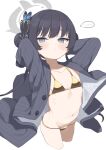  1girl bikini black_hair blue_archive blush braid braided_bun breasts butterfly_hair_ornament coat double_bun gamuo grey_eyes hair_bun hair_ornament halo kisaki_(blue_archive) long_hair long_sleeves looking_at_viewer navel small_breasts solo swimsuit thighs twintails 
