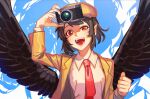  1girl :d bird_wings black_hair black_wings breasts brown_hat brown_jacket camera collared_shirt feathered_wings flat_cap hat highres holding holding_camera jacket long_sleeves looking_at_viewer necktie nyaabun open_mouth pointy_ears red_eyes red_necktie shameimaru_aya shameimaru_aya_(newsboy) shirt short_hair small_breasts smile solo suit_jacket touhou upper_body white_shirt wings 