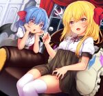  2girls :d alternate_costume bangs bat_wings blonde_hair blue_hair blush bow breasts bright_pupils commentary_request crescent_moon crystal curtains dutch_angle eyebrows_visible_through_hair fang feet_out_of_frame flandre_scarlet floral_print hair_between_eyes hair_bow hands_on_own_cheeks hands_on_own_face head_rest head_tilt holding holding_stick indoors long_hair looking_at_viewer medium_hair mimikaki moon multiple_girls night night_sky open_mouth pillow puffy_short_sleeves puffy_sleeves red_bow red_eyes red_neckwear red_ribbon remilia_scarlet ribbon rimu_(kingyo_origin) short_sleeves sitting skin_fang sky small_breasts smile stick thighhighs thighs touhou white_legwear window wing_collar wings 