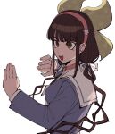  1girl :d bangs blue_shirt bojue_(hakus_1128) brown_eyes brown_hair chabashira_tenko choker commentary_request danganronpa_(series) danganronpa_v3:_killing_harmony eyebrows_visible_through_hair from_side grey_background hair_ornament hair_ribbon hairband hands_up highres long_hair mole mole_under_mouth open_mouth pink_choker pink_hairband ribbon sailor_collar shirt simple_background smile solo star_(symbol) star_hair_ornament teeth twintails upper_body upper_teeth white_ribbon white_sailor_collar 