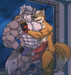 abs anthro balls big_balls big_pecs big_penis canid canine canis duo erection fox fox_mccloud fur genitals grey_body grey_fur hi_res hug humanoid_genitalia humanoid_penis male male/male mammal muscular muscular_anthro muscular_male nintendo nipples orange_body orange_fur pecs penis rackun star_fox vein veiny_penis wolf wolf_o&#039;donnell