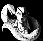  1boy absurdres black_background black_eyepatch black_hair collarbone commentary_request eyepatch face formal greyscale highres jacket jewelry majima_gorou male_focus monochrome necklace ponytail portrait ryuu_ga_gotoku ryuu_ga_gotoku_0 simple_background snake solo syu_uban younger 