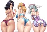  3girls ass black_hair blonde_hair blue_eyes blush braid breasts cameltoe crown_braid curly_hair curvy dark_skin fiora_(xenoblade) green_eyes head_wings long_hair looking_at_viewer medium_breasts melia_antiqua mole mole_under_mouth multiple_girls onomeshin plump sharla_(xenoblade) short_hair silver_hair simple_background smile thighhighs underwear xenoblade_chronicles xenoblade_chronicles_(series) 