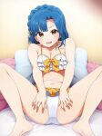  1girl bangs bare_arms bare_shoulders barefoot bed bikini blue_hair blush bow braid breasts cleavage collarbone commentary_request crown_braid feet_out_of_frame frilled_bikini frills hair_bow hair_ornament halter_top halterneck hands_on_own_thighs highres idolmaster idolmaster_million_live! idolmaster_million_live!_theater_days indoors kabayaki_unagi knees_up looking_at_viewer medium_breasts medium_hair nanao_yuriko navel on_bed open_mouth orange_bikini orange_bow pillow sitting solo spread_legs spread_pussy_under_clothes star_(symbol) star_hair_ornament stomach sweat swimsuit two-tone_bikini v-shaped_eyebrows white_bikini yellow_eyes 