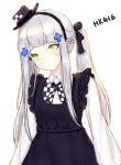  1girl black_bow black_bowtie black_dress black_hairband blush bow bowtie character_name closed_mouth commentary dress girls&#039;_frontline green_eyes grey_hair hairband hat head_tilt hk416_(girls&#039;_frontline) long_hair long_sleeves looking_at_viewer mini_hat mini_top_hat mole mole_under_eye pinafore_dress shirt simple_background siun solo top_hat white_background white_shirt 