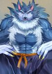  absurd_res anthro canid canine capcom darkstalkers fluffy_chest hi_res jon_talbain male mammal mofnyan muscular muscular_anthro mythological_canine mythological_creature mythology pants_only sitting solo vein veiny_muscles were werecanid werecanine werewolf 