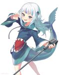  1girl :d blue_eyes blue_hair blue_hoodie blue_nails blunt_bangs blush claw_pose dot_nose fins fish_tail gawr_gura gawr_gura_(1st_costume) hair_ornament highres holding holding_microphone hololive hololive_english hood hood_down hoodie long_sleeves looking_at_viewer looking_back medium_hair microphone multicolored_hair no_pants open_mouth shark_girl shark_hair_ornament shark_tail sharp_teeth signature simple_background sleeves_past_wrists smile solo standing streaked_hair tail teeth tongue two_side_up ukimesato virtual_youtuber white_background white_hair 