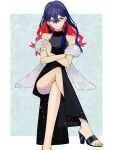  1girl black_dress black_hair carmine_(pokemon) colored_inner_hair crossed_arms crossed_bangs crossed_legs dress earrings hair_between_eyes high_heels highres jewelry kana_(kanna_runa0620) long_hair mole mole_under_eye multicolored_hair pokemon pokemon_sv red_hair sitting two-tone_hair yellow_eyes 