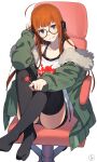  1girl absurdres ahoge akiyoshi_nozomu behind-the-head_headphones black_shorts black_thighhighs brown_hair candy chair crossed_ankles food fur-trimmed_jacket fur_trim gaming_chair glasses green_jacket grin headphones highres holding holding_candy holding_food holding_lollipop jacket lollipop looking_at_viewer no_shoes off_shoulder orange_hair persona persona_5 purple_eyes sakura_futaba short_shorts shorts simple_background sitting smile solo swivel_chair thighhighs v-shaped_eyebrows white_background 