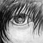  1other black_hair colored_skin eye_focus eye_reflection grey_skin greyscale highres monochrome nihiru0513 original reflection 