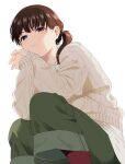  1girl :3 bangs blush brown_hair closed_mouth eyebrows_behind_hair green_pants knit_sweater long_sleeves looking_at_viewer mattaku_mousuke original own_hands_clasped own_hands_together pants ponytail purple_eyes red_legwear simple_background smile solo squatting sweater twitter_username watermark white_background white_sweater 