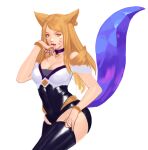  1girl ahri_(league_of_legends) animal_ears black_legwear black_leotard blonde_hair bracelet breasts choker cleavage commentary contrapposto earrings facial_mark fox_ears fox_tail hand_up jewelry k/da_(league_of_legends) k/da_ahri large_breasts league_of_legends leotard long_hair looking_at_viewer open_mouth purple_choker simple_background siun solo tail thighhighs whisker_markings white_background yellow_eyes 