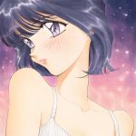  1990s_(style) 1girl album_cover black_hair blush camisole collarbone cover highres looking_to_the_side original parted_lips pink_lips portrait purple_eyes retro_artstyle short_hair solo space star_(sky) white_camisole yue_(yung_n_dum_) 