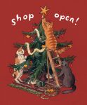  animal_focus black_cat black_eyes black_fur calico candy cat christmas christmas_ornaments christmas_tree english_text food from_behind garland_(decoration) gift heikala highres ladder looking_at_viewer looking_back looking_to_the_side multiple_cats no_humans orange_cat orange_fur original red_background rug simple_background wrapped_candy 