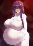  1girl arms_behind_back big_belly breasts covered_navel dearonnus dress fern_(sousou_no_frieren) large_breasts looking_at_viewer pregnant purple_eyes purple_hair purple_pupils sidelocks smile solo sousou_no_frieren straight_hair tight_clothes tight_dress white_dress 