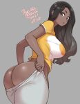  1girl 2021 :o agawa_ryou artist_name ass black_hair breasts brown_eyes brown_hair clothes_pull commentary cowboy_shot dark-skinned_female dark_skin dated dressing english_commentary flipped_hair from_behind grey_background large_breasts long_hair looking_at_viewer looking_back multicolored_hair no_panties numbered open_mouth original pants pants_pull parted_lips print_shirt shirt short_eyebrows short_sleeves simple_background solo thick_thighs thighs two-tone_hair yellow_shirt 