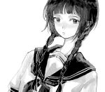  1girl blunt_bangs braid expressionless greyscale highres looking_to_the_side monochrome nihiru0513 original school_uniform solo twin_braids upper_body white_background 