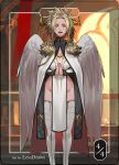  1girl :d angel angel_wings animal_ear_fluff animal_ears artist_name blonde_hair cloak commentary english_commentary feathered_wings feet_out_of_frame groin halo less lion_ears long_sleeves looking_at_viewer no_panties open_mouth original own_hands_clasped own_hands_together pelvic_curtain short_hair smile solo spiked_hair thighhighs white_legwear wings yellow_eyes 