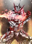  1boy absurdres armor belt driver_(kamen_rider) elbow_spikes fake_horns fighting_stance flaming_sword flaming_weapon gauntlets helmet highres holding holding_sword holding_weapon horned_helmet horns kaenken_rekka kamen_rider kamen_rider_saber kamen_rider_saber_(series) kamen_rider_saber_draconic_knight knight kuzurx male_focus red_eyes shoulder_armor shoulder_spikes single_horn solo spiked_armor spiked_gauntlets spiked_helmet spikes standing sword tokusatsu visor_(armor) weapon white_armor 