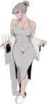  1girl abs breasts cleavage dress earphones full_body grey_dress grey_eyes hair_bun highres jacket large_breasts looking_at_viewer muscular muscular_female oddsnail original scar scar_on_face slippers solo tight_clothes tight_dress white_background 