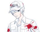  1boy black_eyes blood blood_on_clothes closed_mouth collared_jacket commentary_request expressionless hair_over_one_eye hataraku_saibou jacket looking_at_viewer male_focus one_eye_covered pale_skin sanpaku short_hair simple_background siun solo spot_color u-1146 upper_body white_background white_blood_cell_(hataraku_saibou) white_hair white_headwear white_jacket wing_collar 