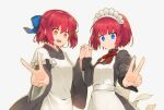  2girls :d apron back_bow black_dress black_kimono blue_bow blue_eyes bob_cut bow bow_apron breasts closed_mouth collared_dress commentary cowboy_shot dress fingernails frilled_apron frills grey_background hair_between_eyes hair_bow hand_up hisui_(tsukihime) holding_hands japanese_clothes juliet_sleeves kimono kohaku_(tsukihime) koyama_keisuke long_bangs long_fingernails long_sleeves looking_at_viewer maid maid_apron maid_headdress multiple_girls neck_ribbon one_side_up open_mouth puffy_sleeves red_hair red_ribbon ribbon short_hair siblings sisters smile tsukihime twins v wa_maid white_apron white_bow yellow_eyes 
