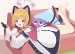  1girl :d absurdres animal_ear_headphones animal_ears aqoot barefoot blonde_hair blue_archive blunt_bangs blush bow bowtie cat_ear_headphones cat_tail collared_shirt commentary_request couch fake_animal_ears feet feet_up full_body hair_bow halo handheld_game_console headphones highres holding holding_handheld_game_console hood hood_down hooded_jacket jacket looking_at_viewer lying medium_hair momoi_(blue_archive) multicolored_clothes multicolored_jacket on_couch on_stomach open_mouth pillow pink_eyes pink_halo red_bow red_bowtie shirt smile soles solo stuffed_toy tail tail_bow tail_ornament teeth the_pose toes upper_teeth_only v-shaped_eyebrows white_background white_jacket white_shirt 