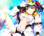  1girl 7_oekaki1025 absurdres badge bare_shoulders beach bikini black_hair black_shorts blue_hair blue_sky blush breasts button_badge cleavage fate/grand_order fate_(series) green_headwear grin headphones headphones_around_neck highres jacket large_breasts long_hair long_sleeves looking_at_viewer multicolored_hair navel ocean off_shoulder open_clothes open_jacket red_hair sei_shounagon_(fate) sei_shounagon_(swimsuit_berserker)_(fate) short_shorts shorts sidelocks sky smile solo swimsuit thigh_strap thighs twintails visor_cap w white_bikini white_jacket yellow_eyes 